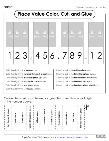 Decimals to Hundredths - Place Value: Color, Cut, and Glue (Hundredths) (Printable PDF Worksheet)