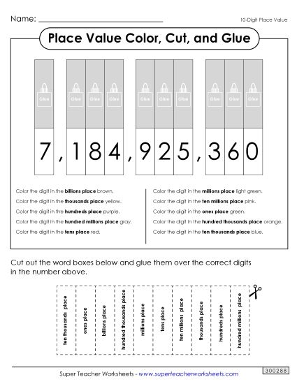 Place Value - Place Value Color, Cut, and Paste Activity (10 digits) (Printable PDF Worksheet)