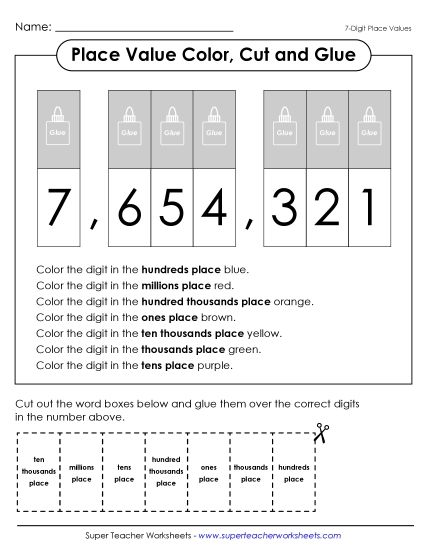 Place Value - Place Value Color, Cut, & Paste Activity (7-Digits) (Printable PDF Worksheet)