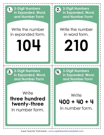 Place Value - Place Value: Converting 3-Digit Numbers Expanded, Word, and Number Form (Printable PDF Worksheet)