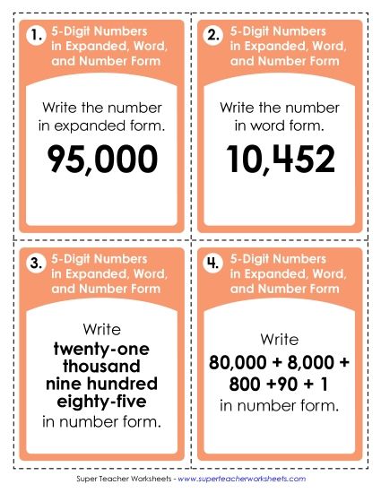 Place Value - Place Value: Converting 5-Digit Numbers Expanded, Word, and Number Form (Printable PDF Worksheet)
