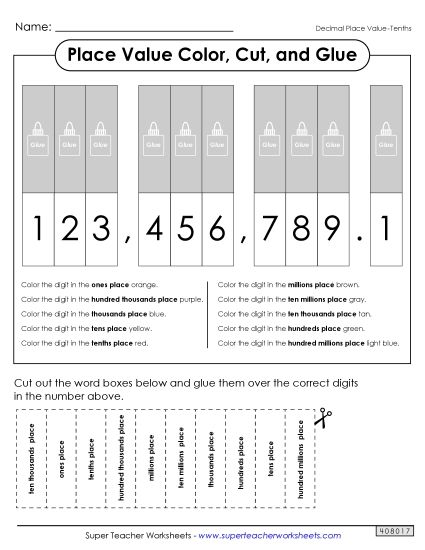 Decimal Place Value - Place Value Cut & Glue (Tenths) (Printable PDF Worksheet)