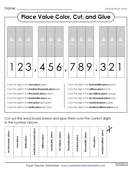 Place Value Cut & Glue (Thousandths) (Printable PDF Worksheet)