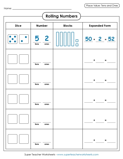 Place Value - Place Value Dice Activity: Rolling Numbers (Printable PDF Worksheet)