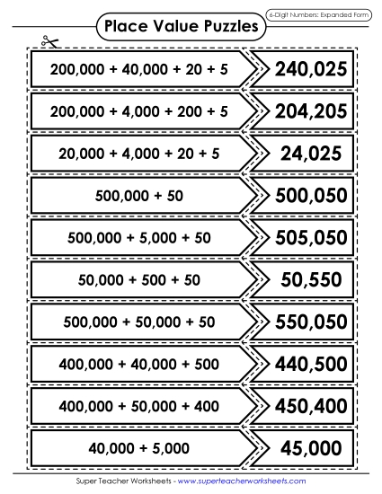 Place Value Matching Activity  (6-Digit Numbers) (Printable PDF Worksheet)