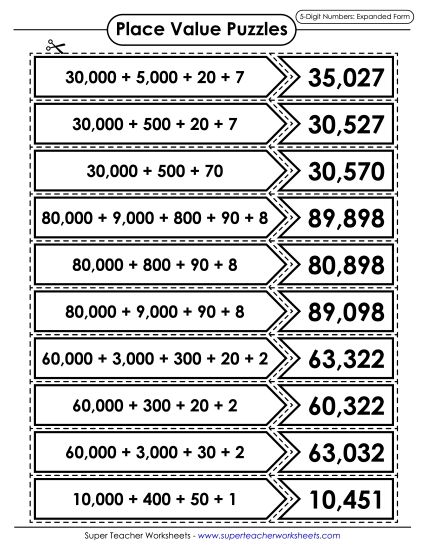Place Value - Place Value Puzzle Match (5-Digit)  (Printable PDF Worksheet)