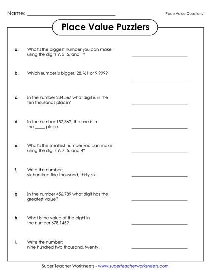 Place Value - Place Value Puzzlers (Printable PDF Worksheet)
