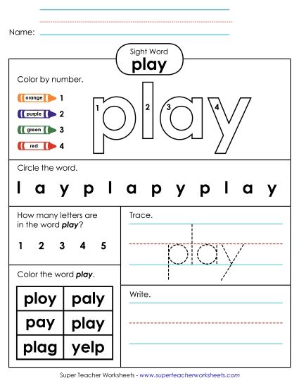 Individual Sight Words - Play (Sight Word) (Printable PDF Worksheet)