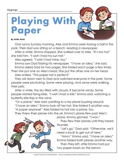 Fiction - Playing With Paper (Printable PDF Worksheet)