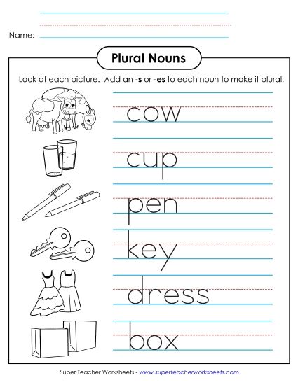 Singular & Plural Nouns - Plural Nouns (Basic)  (Printable PDF Worksheet)