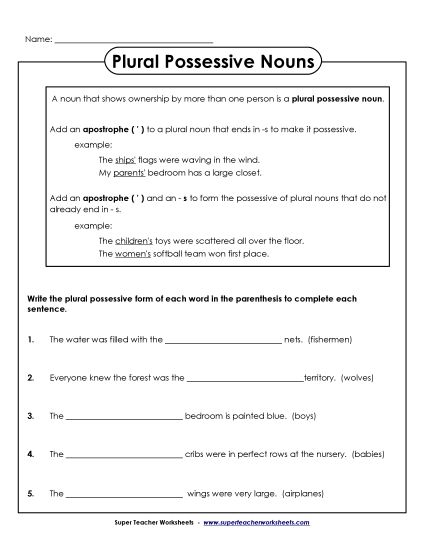 Plural Possessive Only - Plural Possessive Sentences (Printable PDF Worksheet)