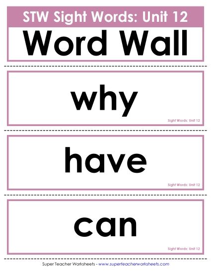Reading Practice Tools - Pocket Chart or  Word Wall (Unit 12) (Printable PDF Worksheet)