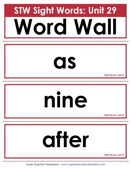 Reading Practice Tools - Pocket Chart or  Word Wall (Unit 29) (Printable PDF Worksheet)