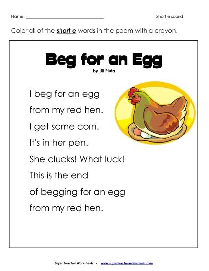 Worksheets - Poetry: Beg for an Egg (Printable PDF Worksheet)