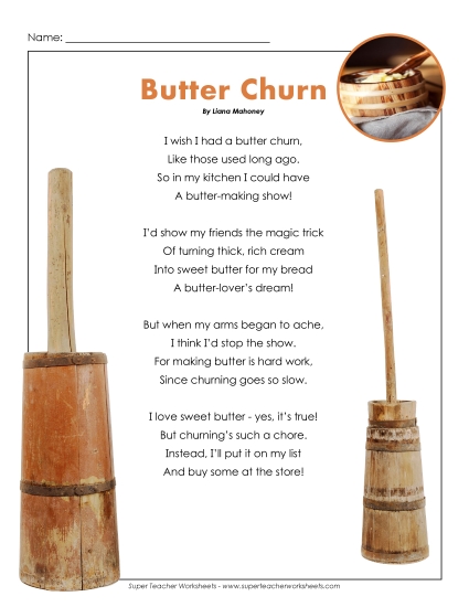 Poems and Reading Comprehension - Poetry: Butter Churn (Printable PDF Worksheet)