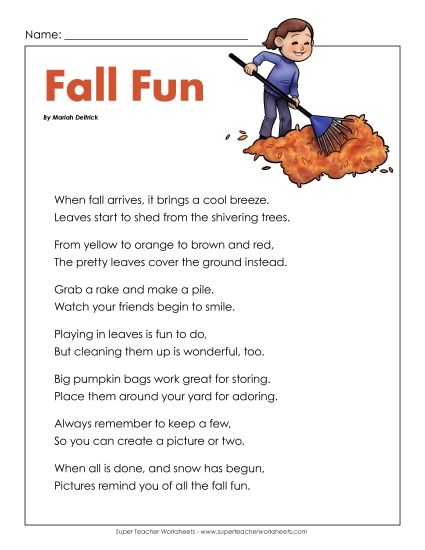 Reading Comprehension Poems - Poetry: Fall Fun (Printable PDF Worksheet)