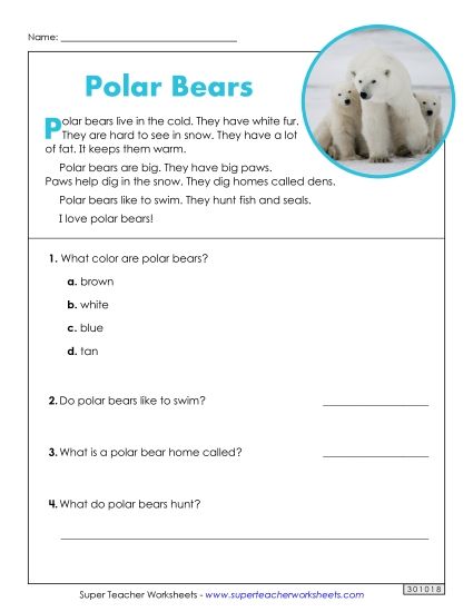 Short Passages - Polar Bears (Short Article) (Printable PDF Worksheet)