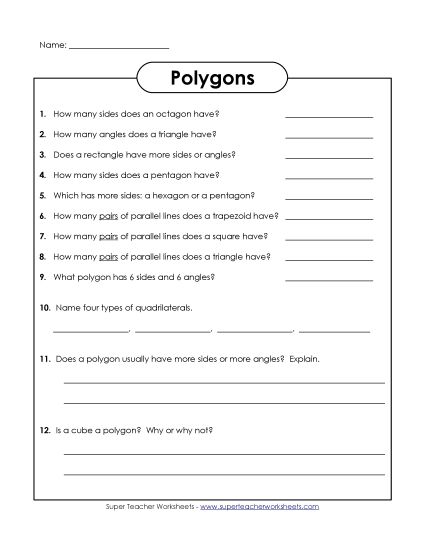 Polygons - Polygon Questions (Printable PDF Worksheet)