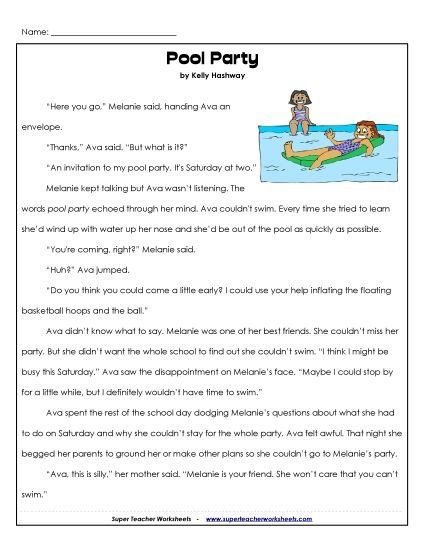 Fiction Stories - Pool Party (Fiction) (Printable PDF Worksheet)