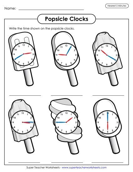 More Summer Math - Popsicle Clocks - Nearest 5 Minutes (Printable PDF Worksheet)