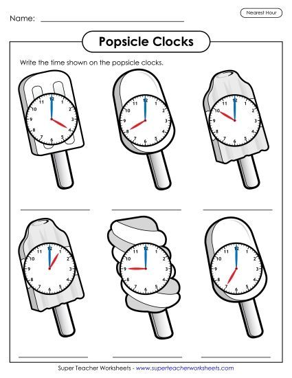 More Summer Math - Popsicle Clocks - Nearest Hour (Printable PDF Worksheet)