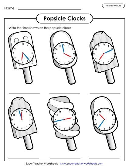 More Summer Math - Popsicle Clocks - Nearest Minute (Printable PDF Worksheet)