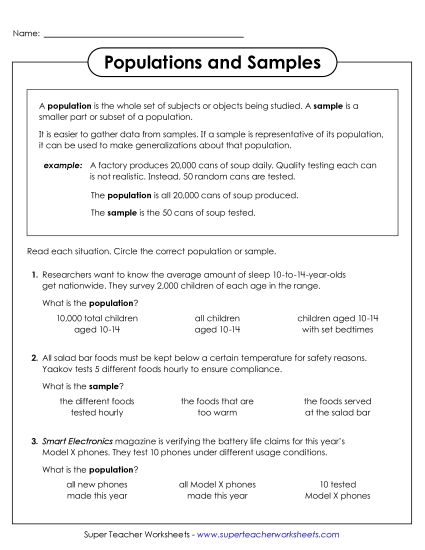 Samples & Populations - Populations and Samples (Multiple Choice) (Printable PDF Worksheet)