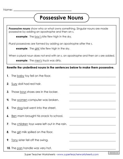 Singular Possessive Only (Basic) - Possessive Noun Review (Printable PDF Worksheet)