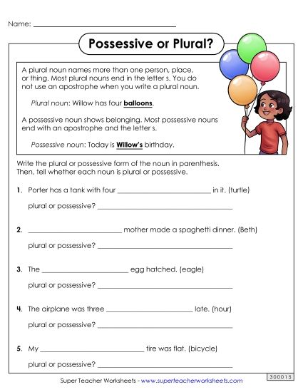 Singular Possessive Only (Basic) - Possessive or Plural? (Printable PDF Worksheet)