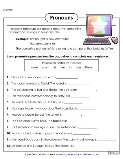Possessive Pronouns - Possessive Pronouns (Basic) (Printable PDF Worksheet)