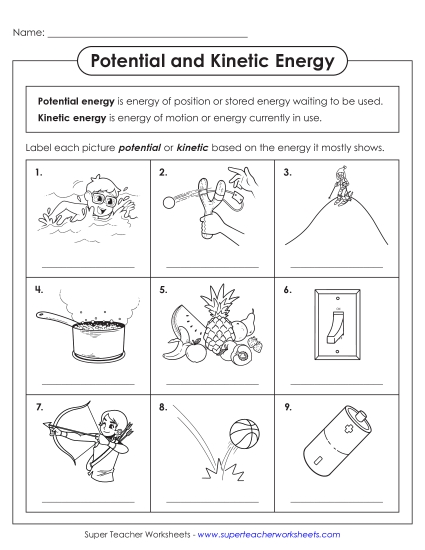 Potential & Kinetic Energy - Potential or Kinetic Energy Picture Identification (Printable PDF Worksheet)
