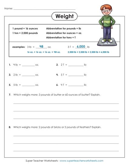 Worksheets - Pounds, Ounces, Tons (Easy) (Printable PDF Worksheet)
