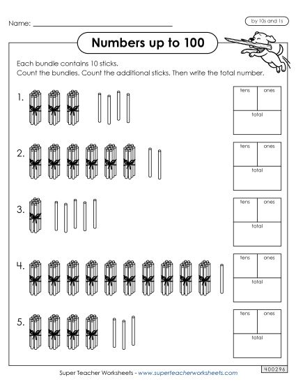 Counting: 2-Digit Numbers - Practice Counting Sticks by 10s and 1s (Printable PDF Worksheet)