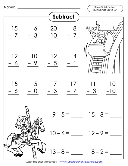 Summer Subtraction - Practice Subtracting with Basic Facts: Theme Park (Printable PDF Worksheet)