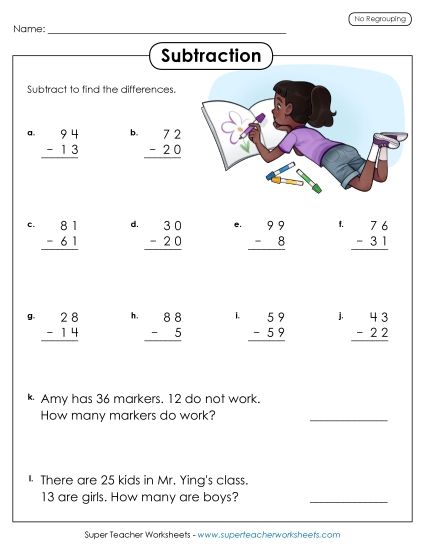 Subtraction Worksheets (No Borrowing) - Practice Subtracting Worksheet (2-Digits /  No Regrouping) (Printable PDF Worksheet)