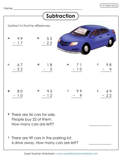 Subtraction Worksheets (No Borrowing) - Practice Subtraction (2-Digits /  No Regrouping) (Printable PDF Worksheet)