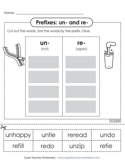 Prefixes - Prefixes Cut and Paste (un- and re-) (Printable PDF Worksheet)