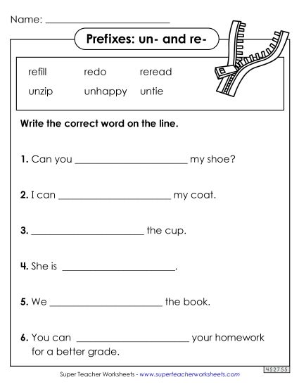Prefixes - Prefixes Fill in the Blank (un- and re-) (Printable PDF Worksheet)