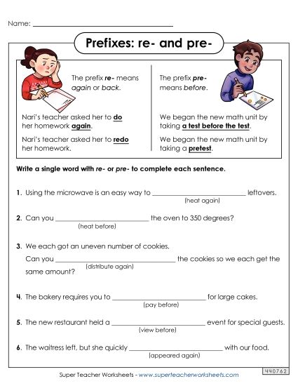 Prefixes - Prefixes Re- and Pre- (Printable PDF Worksheet)