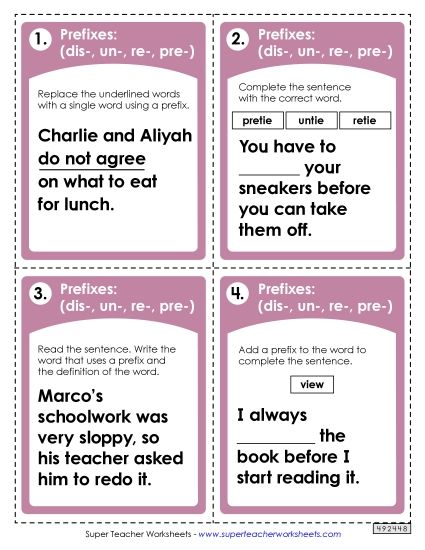 Task Cards - Prefixes Task Cards (dis-, un-, re-, pre-) (Printable PDF Worksheet)