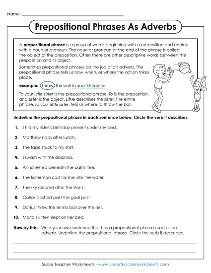 Level: Advanced - Prepositional Phrases acting as Adverbs Activity (Printable PDF Worksheet)