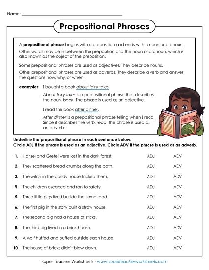 Prepositional Phrases - Prepositional Phrases As Adjectives and Adverbs (Printable PDF Worksheet)