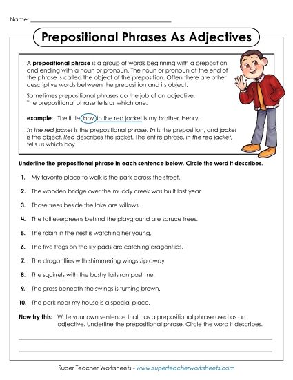 Level: Advanced - Prepositional Phrases as Descriptive Adjectives (Printable PDF Worksheet)