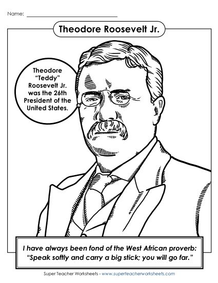 President Coloring Pages - President #26: Theodore Roosevelt Coloring Page (Printable PDF Worksheet)