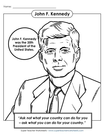 President Coloring Pages - President #35: John F. Kennedy Coloring Page (Printable PDF Worksheet)
