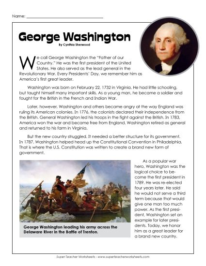 Articles - President George Washington (Printable PDF Worksheet)