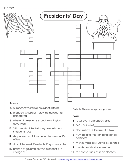 Puzzles & Games - Presidents' Day Crossword Puzzle (Printable PDF Worksheet)