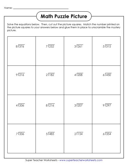 Presidents' Day Math - Presidents Math Puzzle - Division (Printable PDF Worksheet)