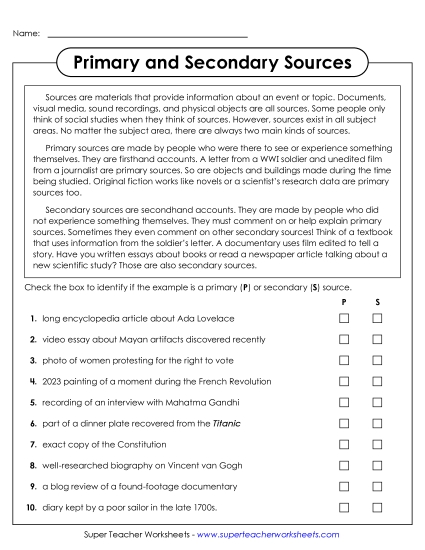 Both Primary & Secondary Sources - Primary and Secondary Sources (Printable PDF Worksheet)
