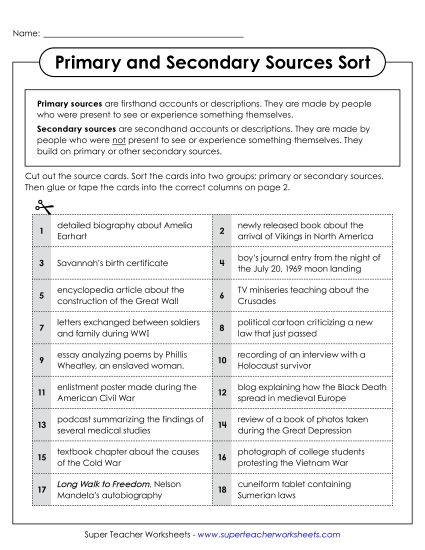 Both Primary & Secondary Sources - Primary and Secondary Sources Sort (Cut & Paste) (Printable PDF Worksheet)